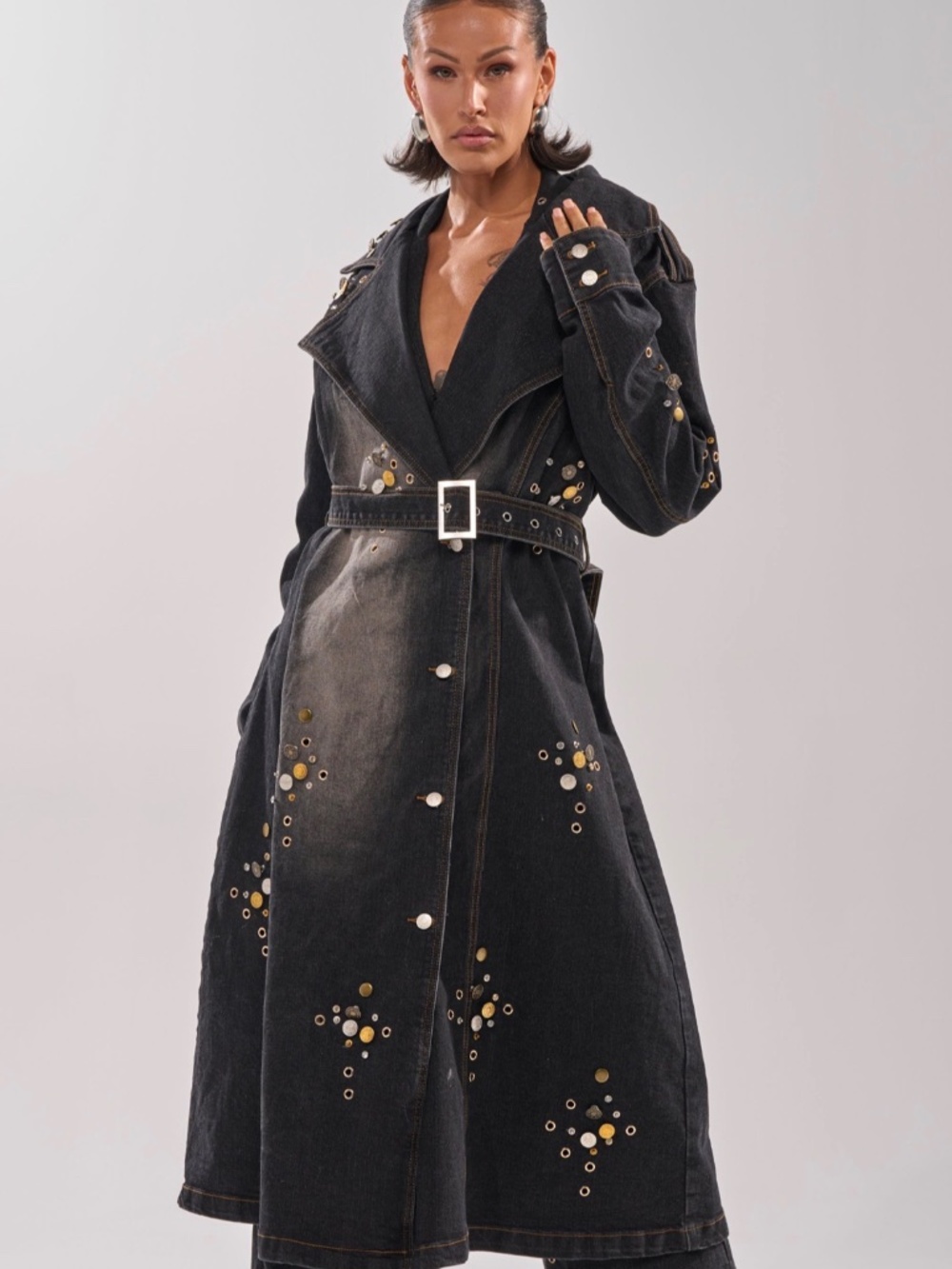 AKIRA SPACE AND TIME STUDDED DENIM TRENCH Size SS